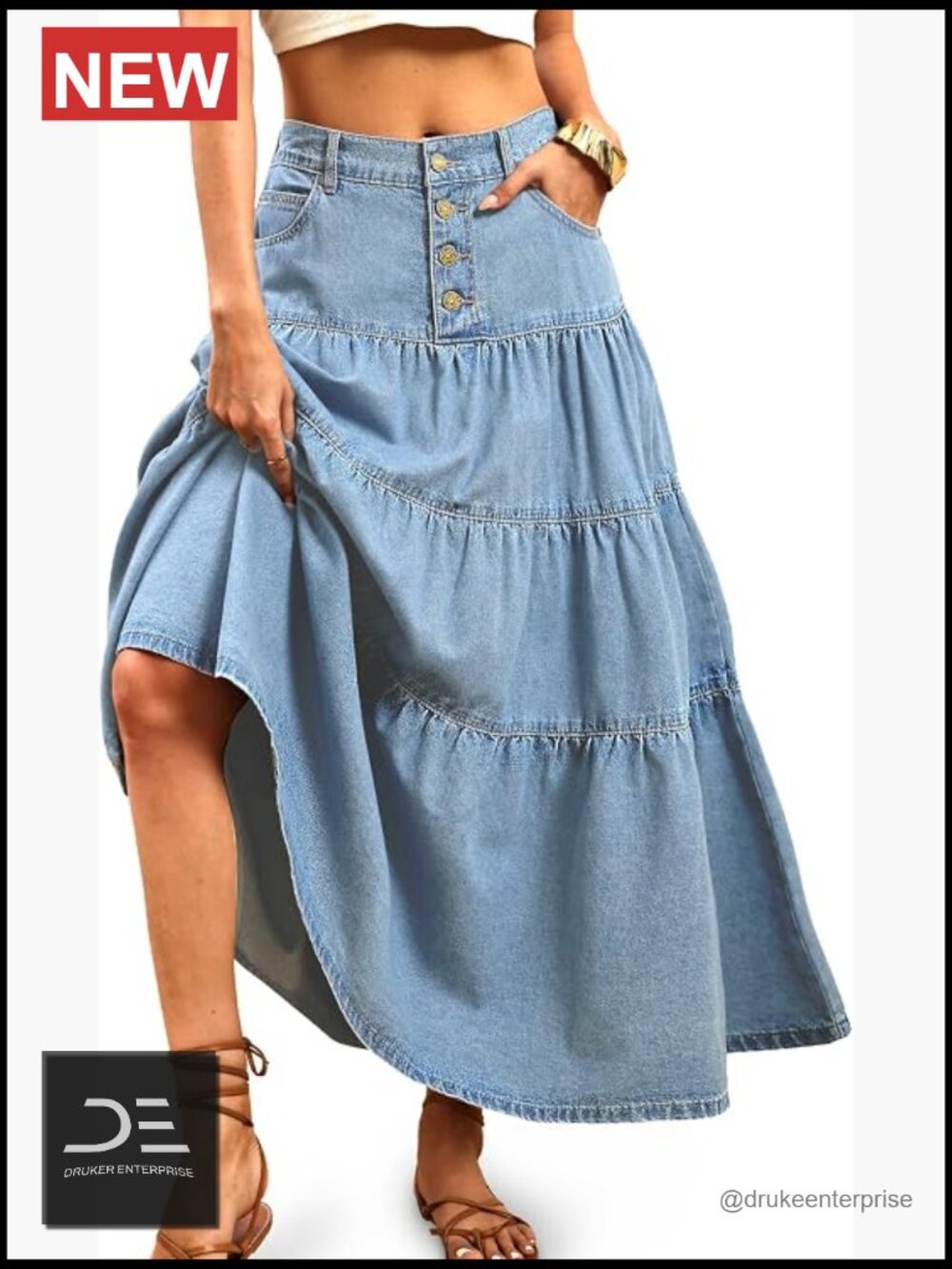 Tiered A-Line Denim Maxi Skirt - High Waist Button Front Flowy Boho Ruffle